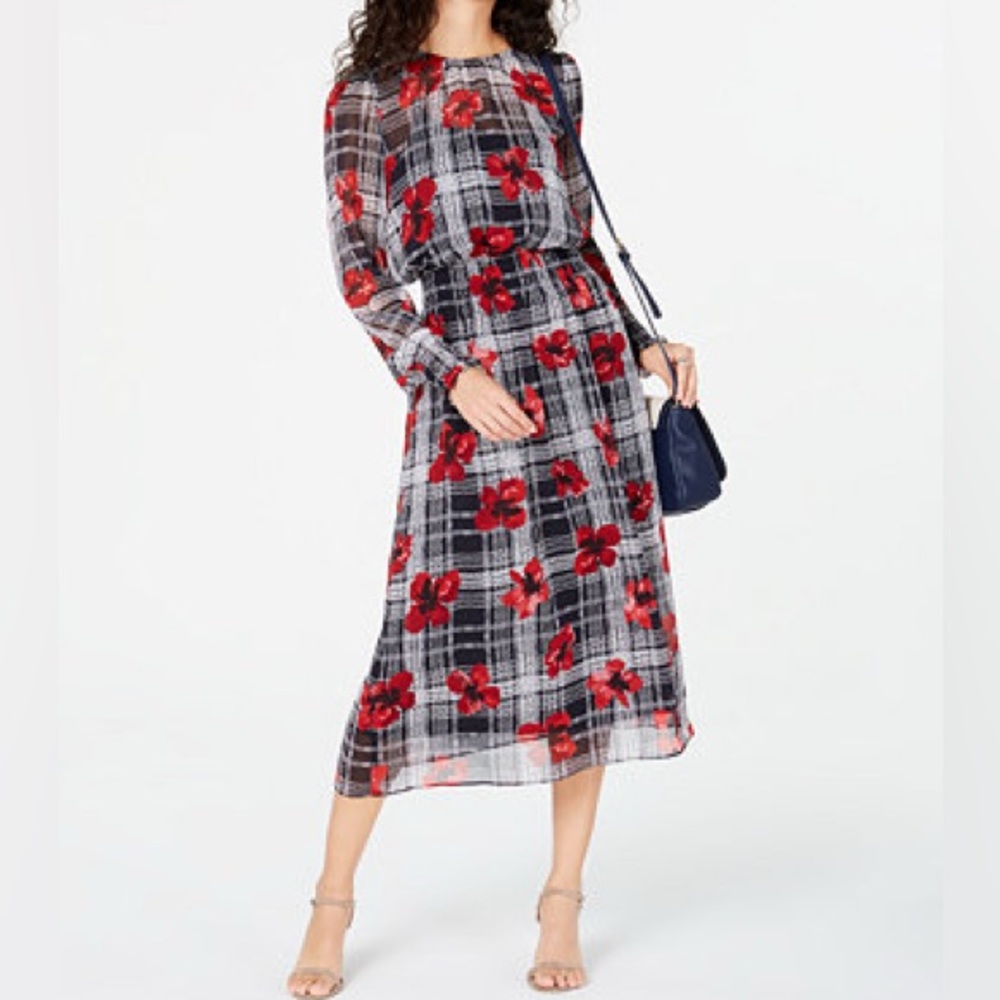 TOMMY HILFIGER Red Navy Blue White Floral Long Sleeve Midi Dress w Smocked Waist